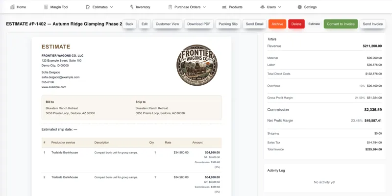 Project estimate breaking revenue into material, labour and overhead costs with gross and net profit margins &mdash; Inventory, Costing & Margin Portal (screenshot 2 of 6)