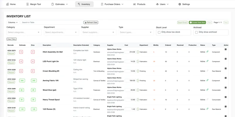 Inventory list with barcode stock levels, suppliers, unit costs and low-stock filters &mdash; Inventory, Costing & Margin Portal (screenshot 3 of 6)