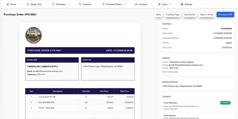 Purchase order detail with supplier, line items, totals and delivery tracking &mdash; Inventory, Costing & Margin Portal (screenshot 4 of 6)