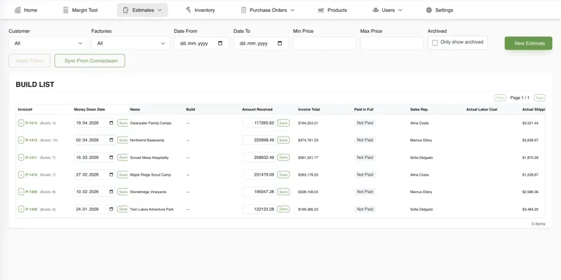 Build list tracking invoices, payments received and actual labour and shipping cost per project &mdash; Inventory, Costing & Margin Portal (screenshot 5 of 6)
