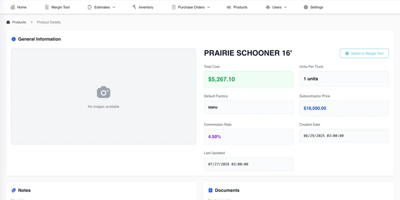 Product detail with total build cost, subcontractor price, commission rate and factory assignment &mdash; Inventory, Costing & Margin Portal (screenshot 6 of 6)