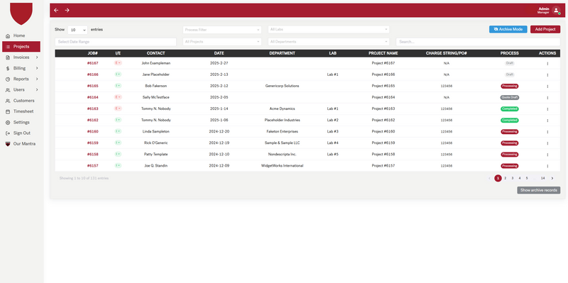 Job list showing each lab&rsquo;s machining projects with charge string, department and process status &mdash; Scientific Instrument Project Management Portal (screenshot 1 of 3)