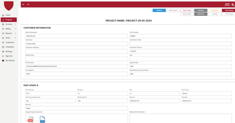 Job record with customer details, part drawings, material and the date the lab needs the part &mdash; Scientific Instrument Project Management Portal (screenshot 2 of 3)