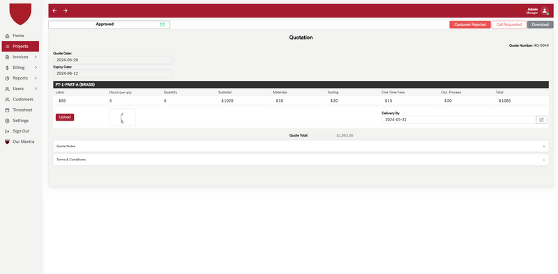 Quotation breaking a part into labour hours, materials, tooling and outside processes &mdash; Scientific Instrument Project Management Portal (screenshot 3 of 3)