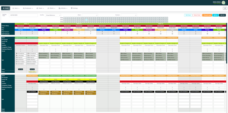 Week-by-week crew planner assigning staff to client events with hotels, vehicles and invoice status &mdash; Event & Team Management Portal (screenshot 1 of 4)