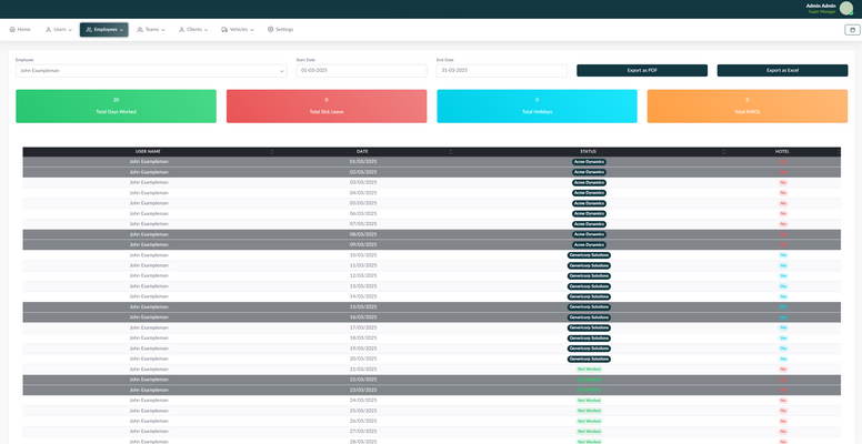 Per-employee totals for days worked, leave, holiday and hotel nights &mdash; Event & Team Management Portal (screenshot 2 of 4)
