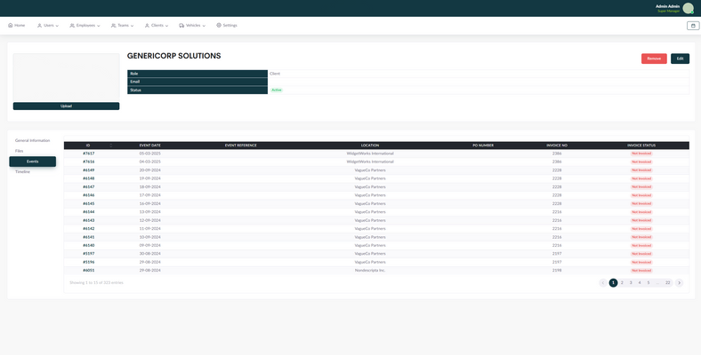 Client record listing every event with its reference, location, purchase order and invoice status &mdash; Event & Team Management Portal (screenshot 3 of 4)