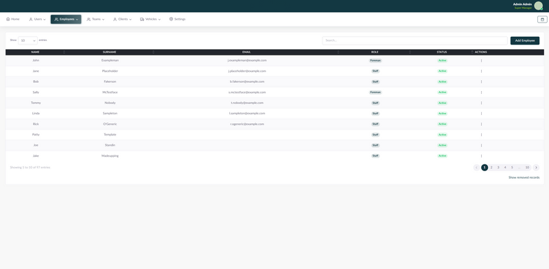 Employee directory with roles and active status &mdash; Event & Team Management Portal (screenshot 4 of 4)