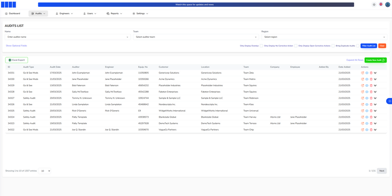 Audit list filtered by type, team and region, showing equipment, customer and location &mdash; Audit Tracking Portal (screenshot 2 of 6)