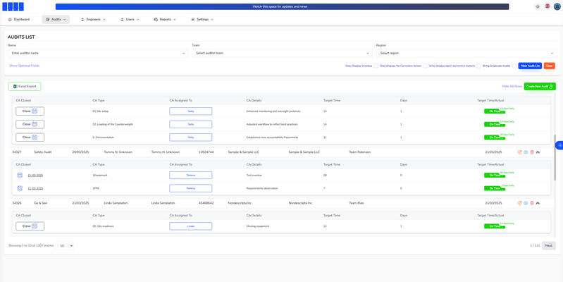 Corrective actions raised against an audit, each with an owner, target time and on-time status &mdash; Audit Tracking Portal (screenshot 3 of 6)
