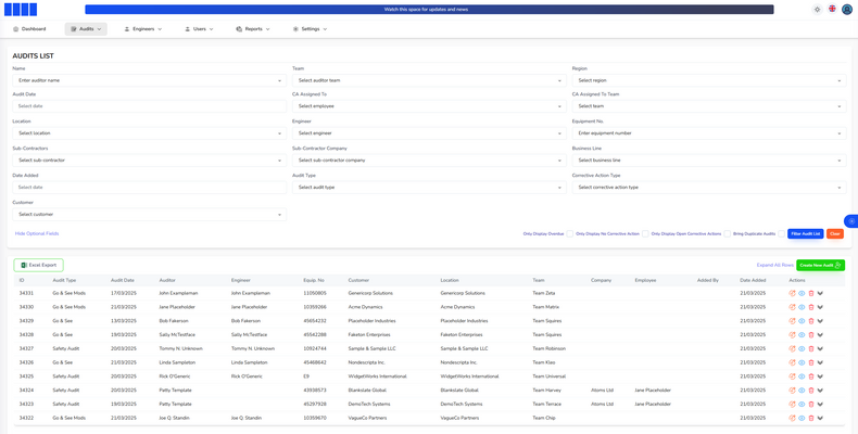 Audit list with the full optional filter set, including sub-contractor, business line and equipment number &mdash; Audit Tracking Portal (screenshot 4 of 6)