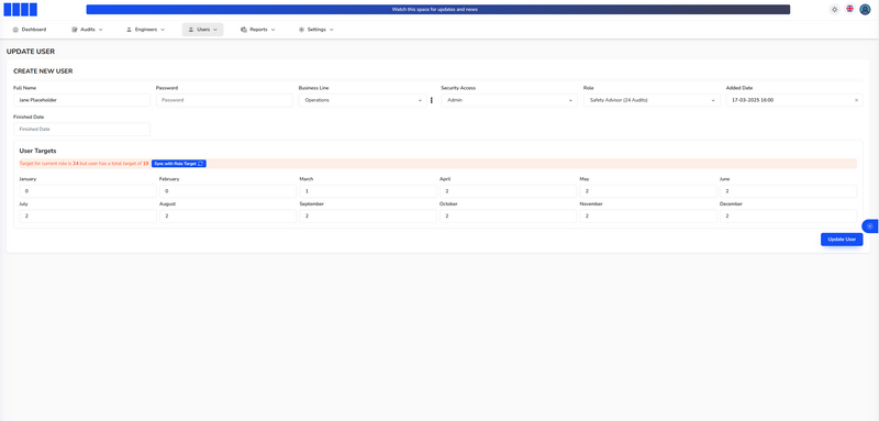 User record setting a safety advisor&rsquo;s monthly audit targets and security access &mdash; Audit Tracking Portal (screenshot 5 of 6)