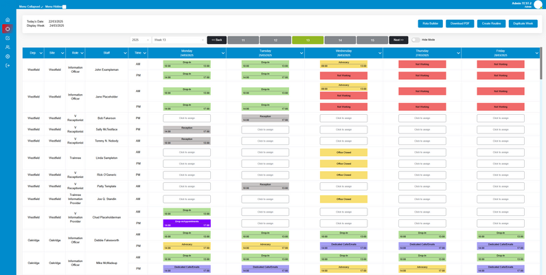 Weekly rota assigning information officers to morning and afternoon slots across sites &mdash; Schedule Planner Portal (screenshot 1 of 3)