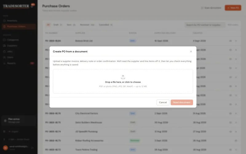 Create a purchase order from a document &mdash; a supplier delivery note dropped in as a PDF or photographed on a phone &mdash; TradeSorter Stock Management SaaS (screenshot 3 of 8)