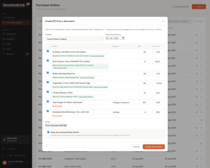 Review step before saving: the supplier matched, five lines matched to existing products and two flagged as new with a suggested category &mdash; TradeSorter Stock Management SaaS (screenshot 4 of 8)