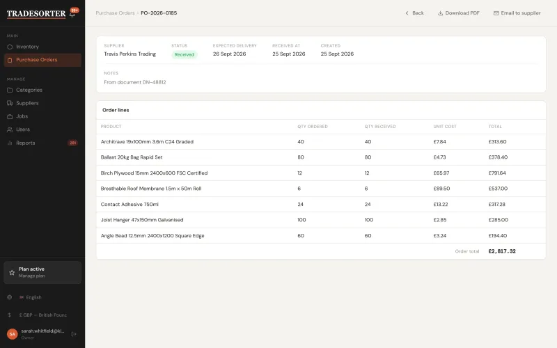 The purchase order the document produced, received in one step, with stock raised and a movement logged against every line &mdash; TradeSorter Stock Management SaaS (screenshot 5 of 8)