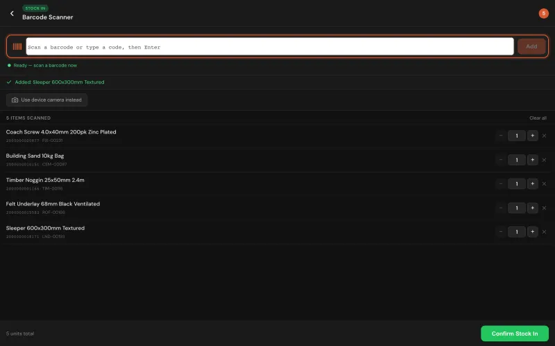 Barcode scanner batching scanned items into a stock-in list, from a keyboard-wedge scanner or the device camera &mdash; TradeSorter Stock Management SaaS (screenshot 7 of 8)